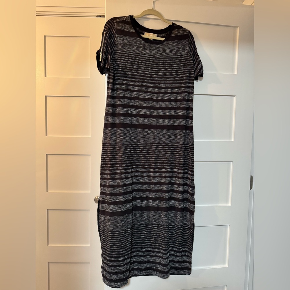 Michael Kors Striped Black and Gray Maxi Dress with zipper sleeve accent, XL